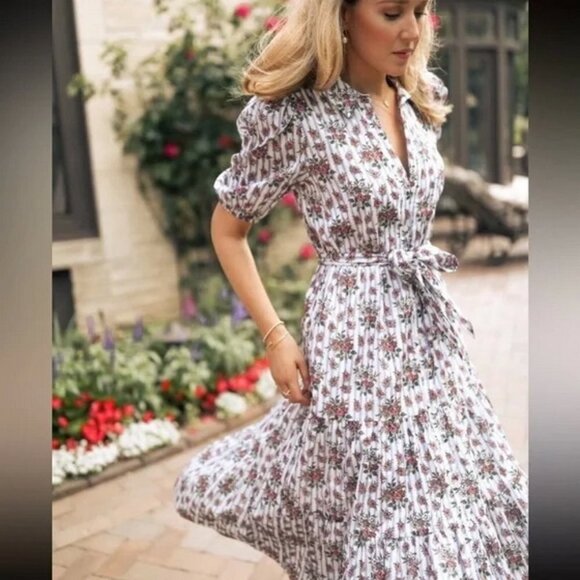 Veronica Beard Eunice Floral Stripe Puff Sleeve Cotton Shirt Dress